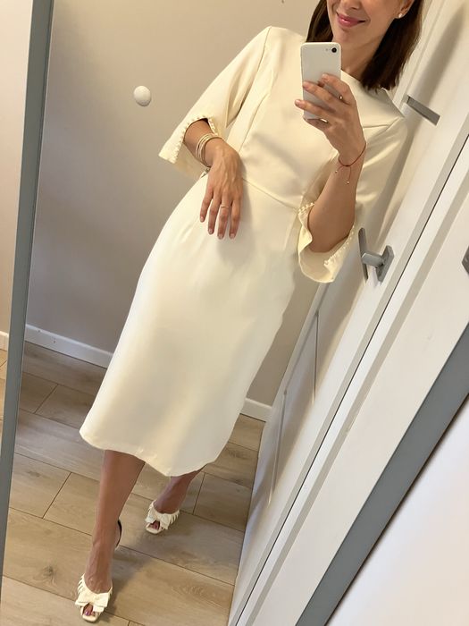 Piękna Biała Sukienka Midi Kobieca Elegancka Ślub Wesele Chrzest