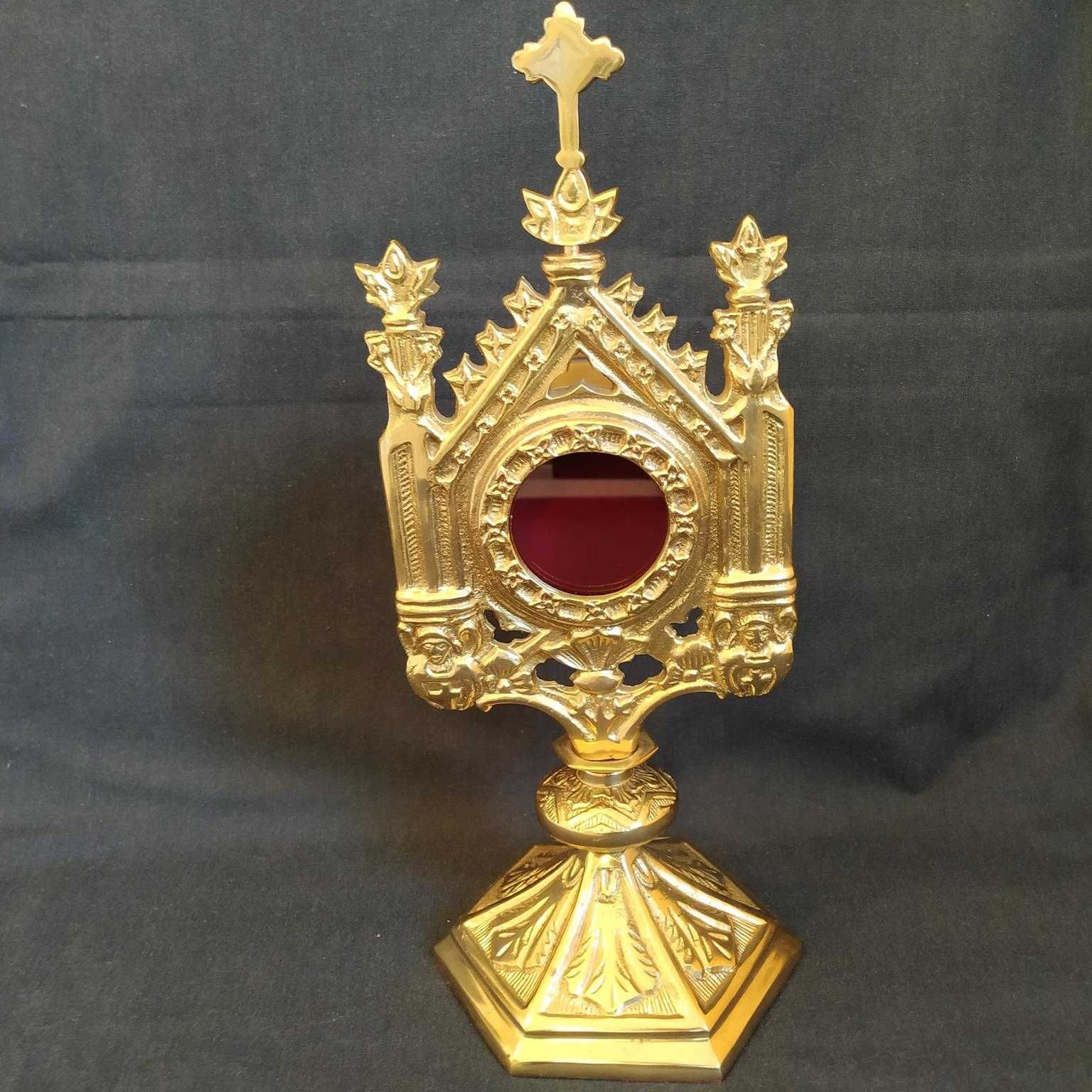 Relikwiarz - monstrancja gotycka złoty stary mosiądz