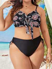 Strój Kąpielowy Bikini Paisley Marszczony Twist Figi Czarny Shein 4Xl