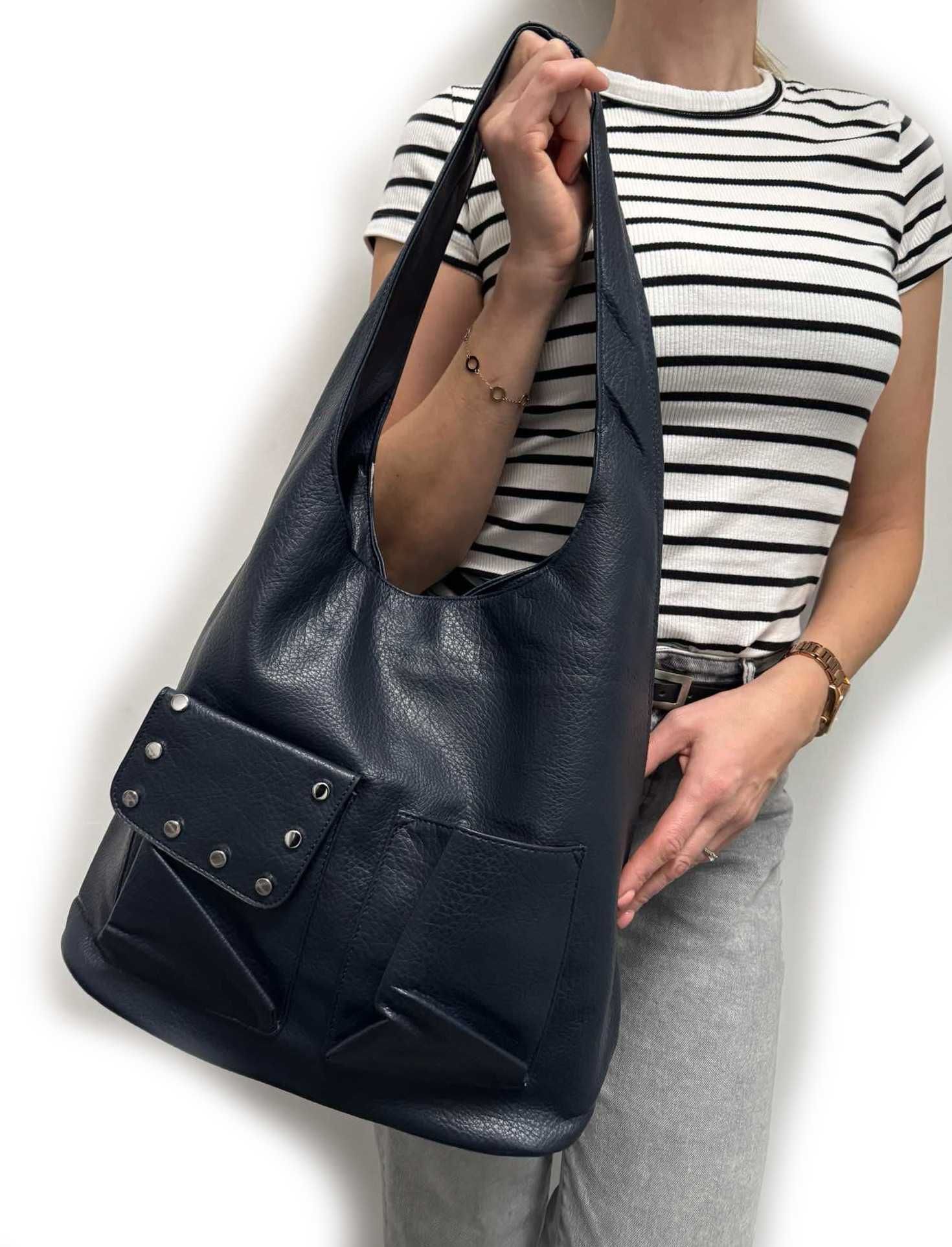 Torebka worek shopper na ramię pojemna z ćwiekami skóra ekologiczna