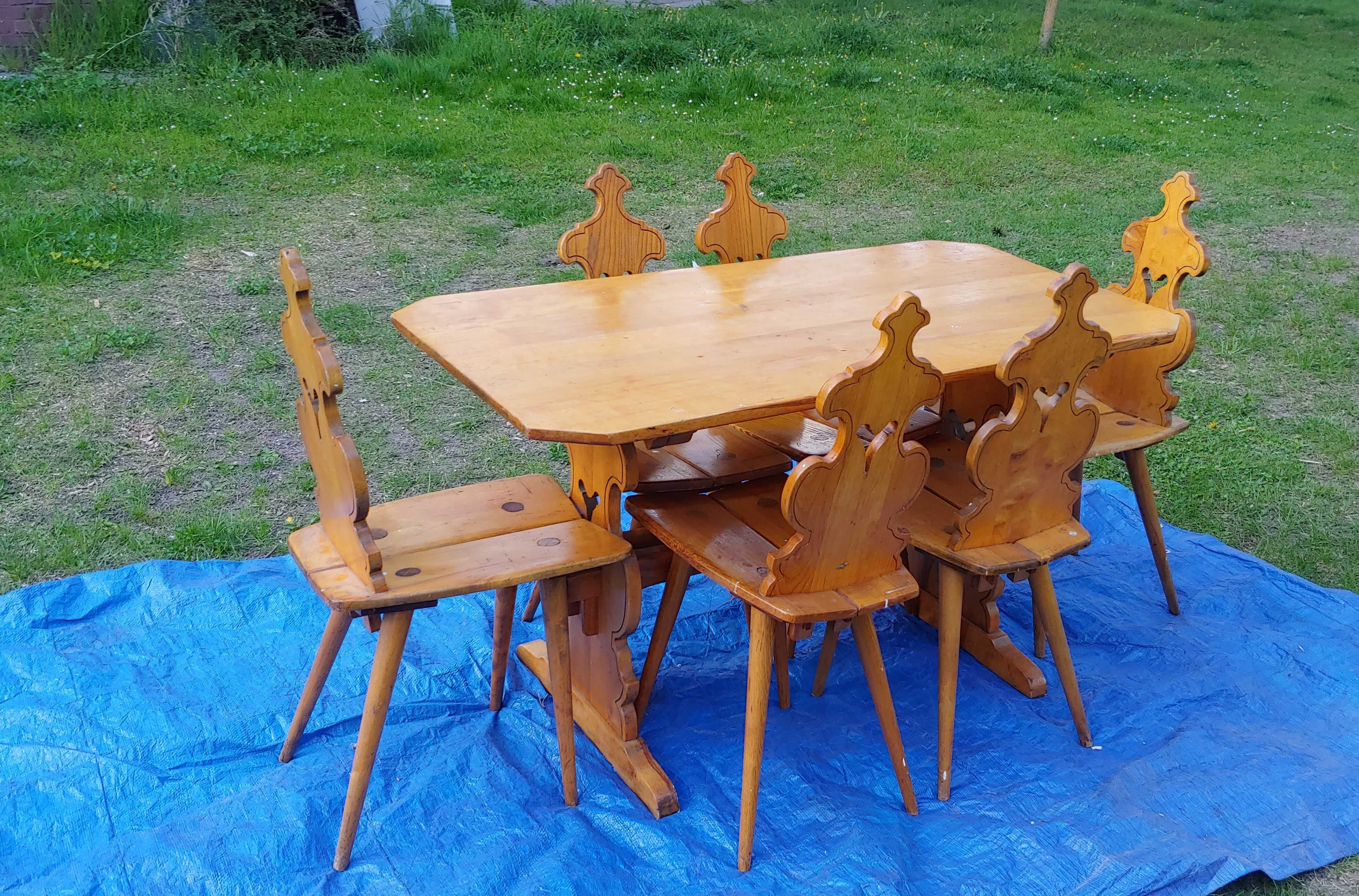 Stół + 6 krzeseł, grube solidne drewno