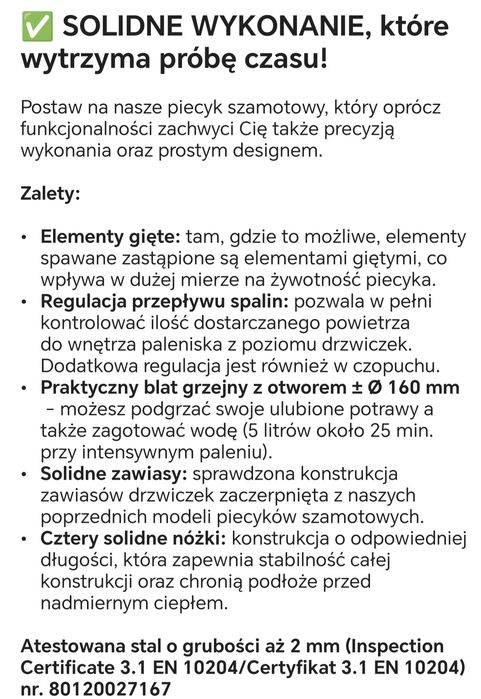 Piec koza piecyk szamotowy 17,5 cegieł stal 2 mm ATEST EKODESIGN EKOPR