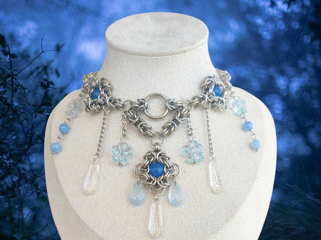 Choker naszyjnik handmade z akwamarynem szkłem Stal chirurgiczna