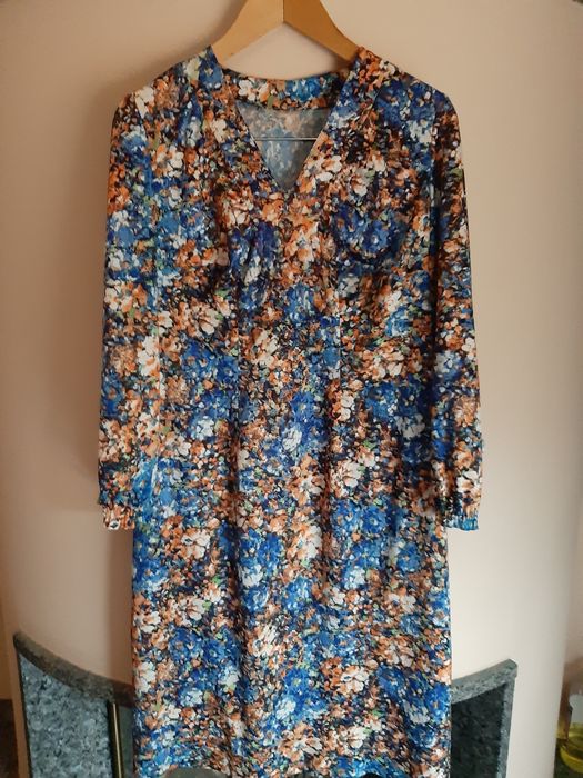 Sukienka prl podomka kwiaty polyester stara babcia wady tunika vintage