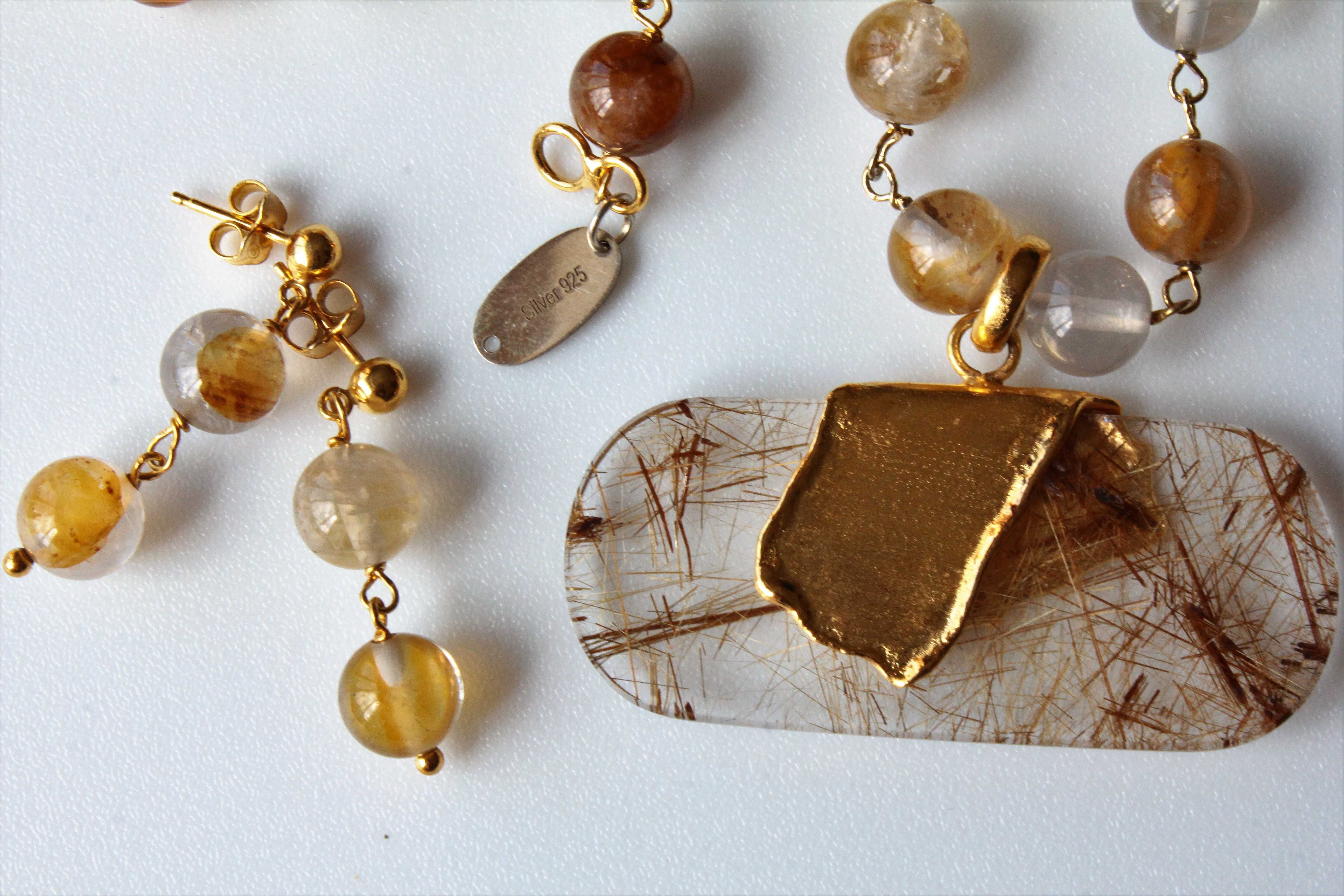 Colar e Brincos em Quartzo Rutilado Dourado