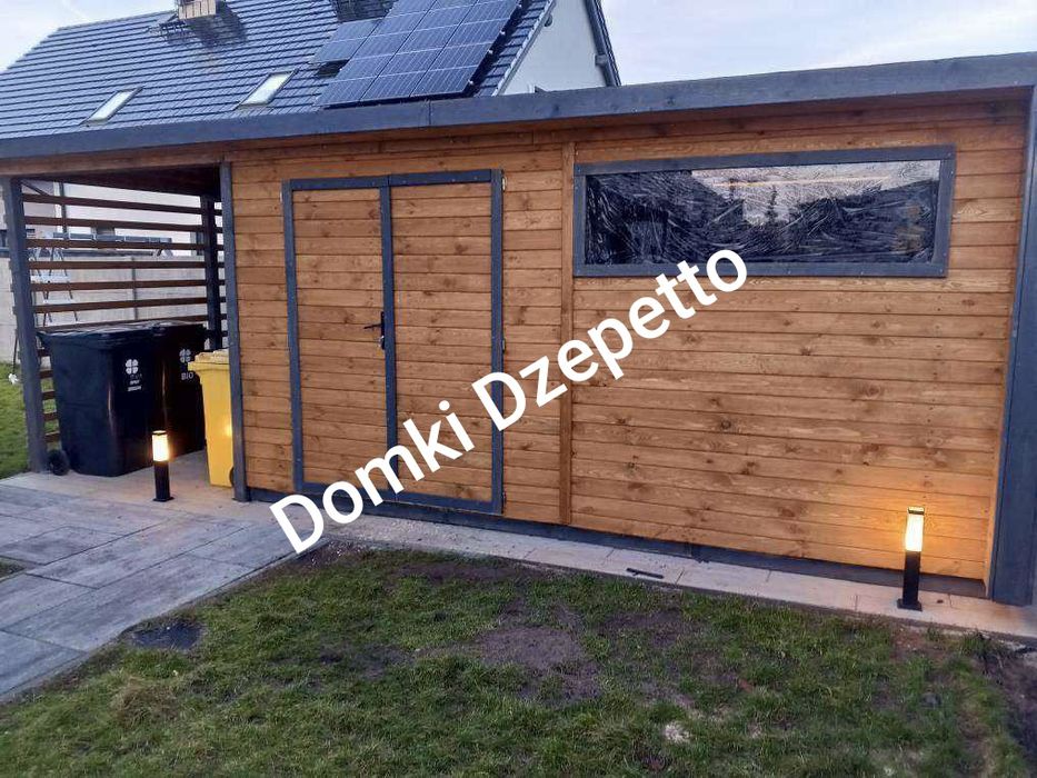 %RATY% Nowoczesny domek narzędziowy z drewutnia zadaszeniem