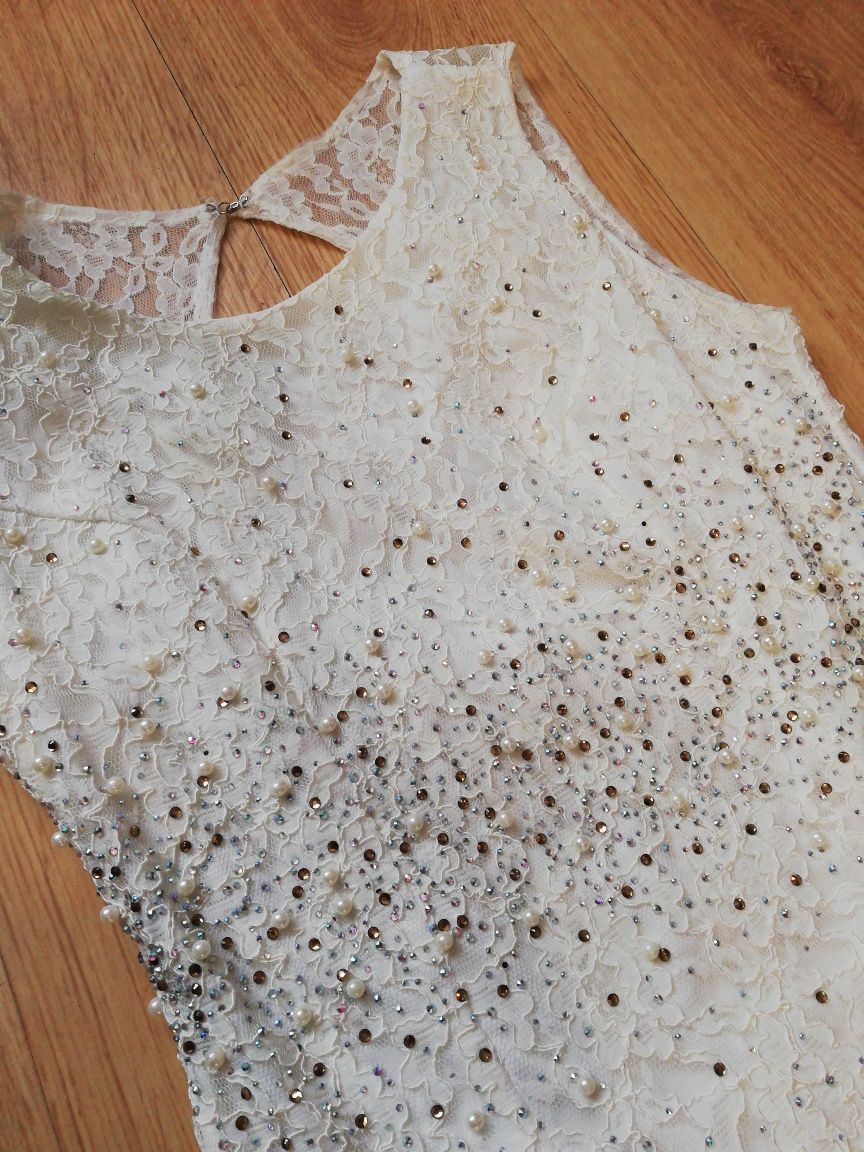 Kremowa sukienka z perełkami i cyrkoniami wesele poprawiny wysyłka gr