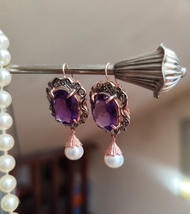 Brincos em ouro rosa 9 K e prata 925 com Ametista e Diamantes naturais