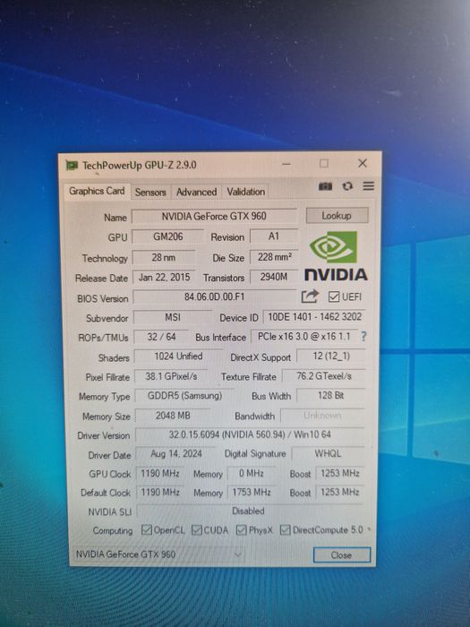 MSI GTX960 GAMING 2GB 128BIT Відеокарта Стан гарний