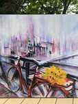 Obraz ręcznie malowany – rower z kwiatami, akryl na płótnie 82x82 cm