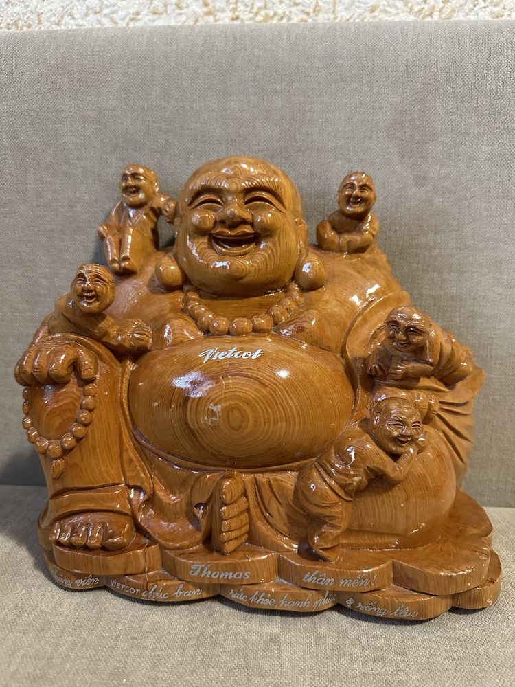 Budda, drewno, 5 dzieci, Feng Shui