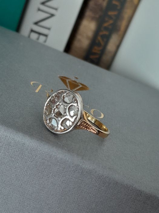 R.13 Pierścionek Art Deco Złoto 750 Diamenty Srebro WYCENA
