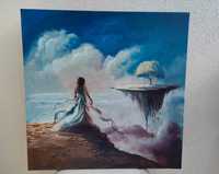 Obraz olejny surrealizm 70x70 * kobieta w bieli * wyspa * przestrzeń