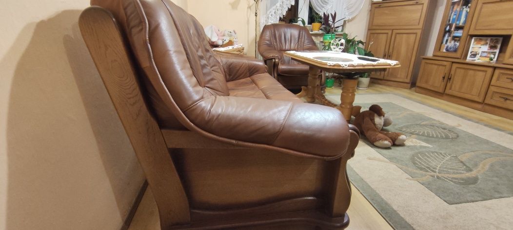 Komplet polskich dębowych mebli skórzanych, kanapa, sofa, fotele, skór