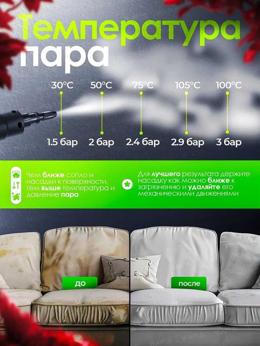 Компактный пароочиститель для дома 2500W 1,2л парогенератор 7 насадок