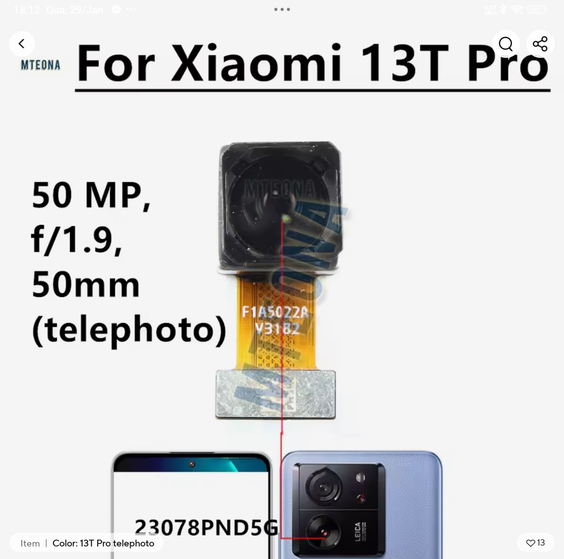 Câmaras para reparação de XIAOMI 13T Pro. Fontal e telephoto