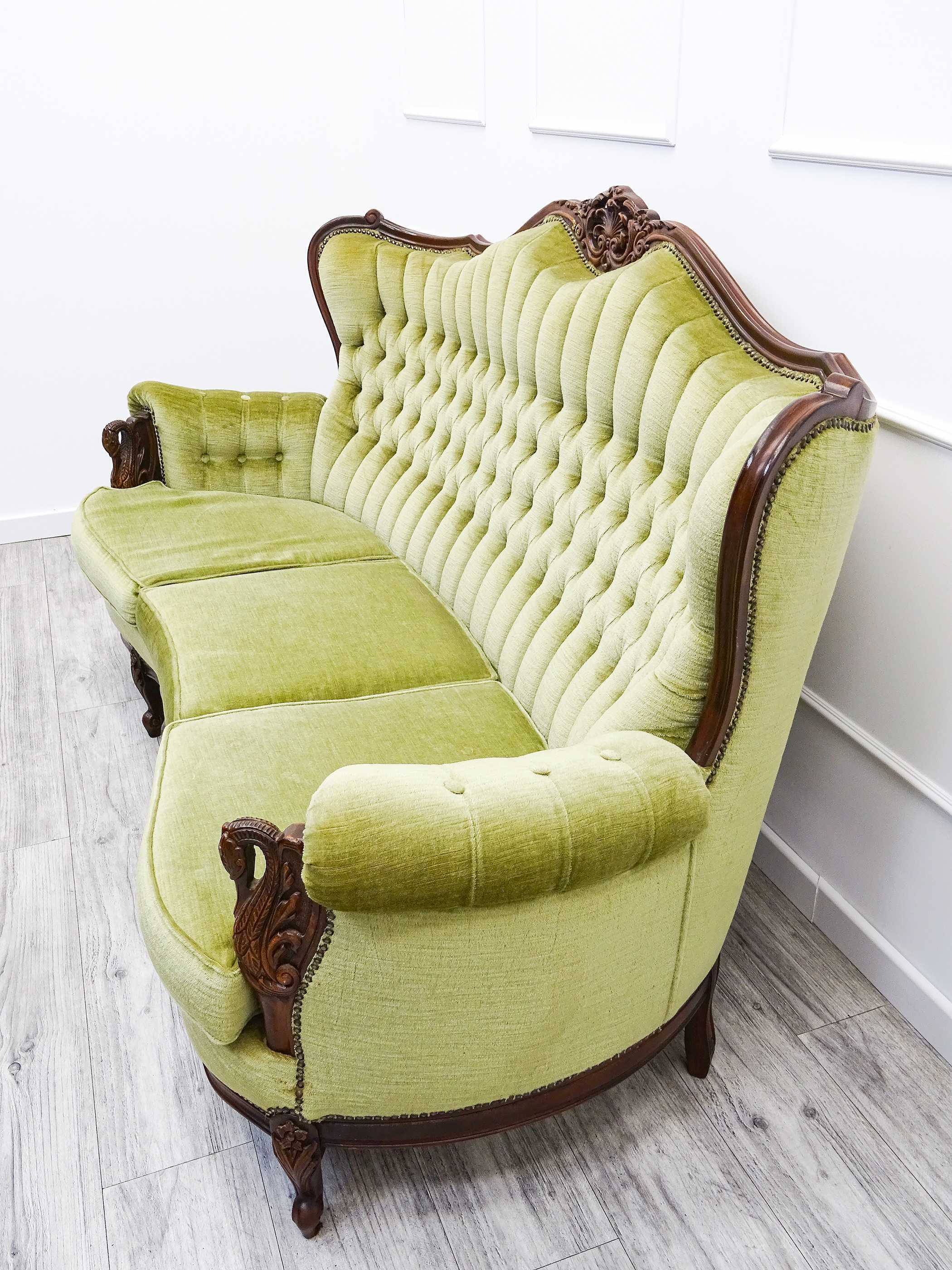 Meble do SALONU Komplet Ludwik PIKOWANA Kanapa SOFA buk PLUSZ oliwkowy