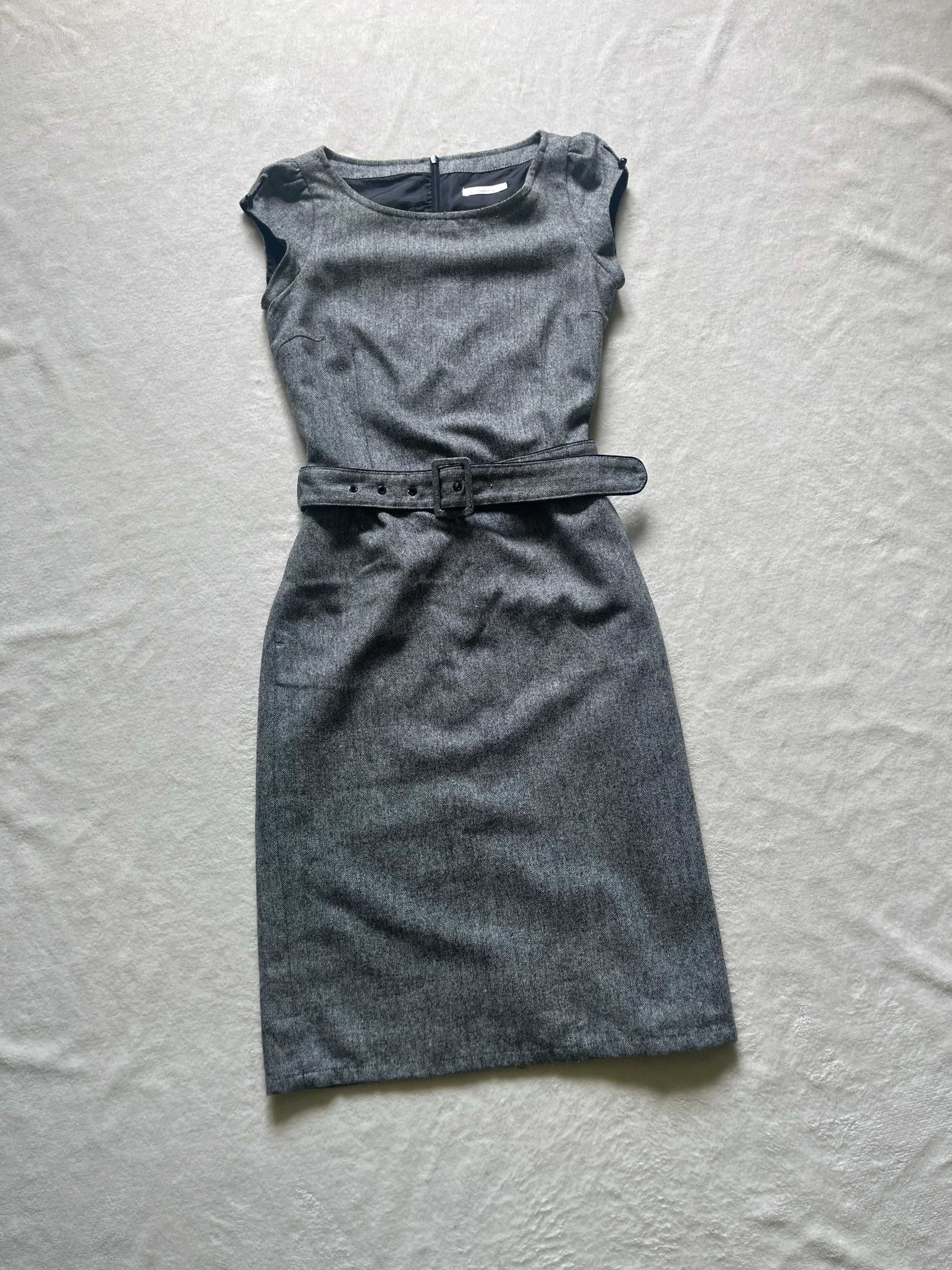 Reserved sukienka szara elegancka z paskiem midi wełna wełniana XS