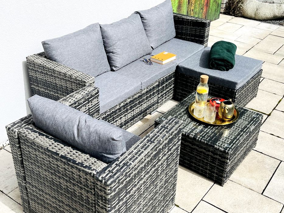 BORNEO XXL zestaw mebli szary mix technorattan sofa fotel pufa