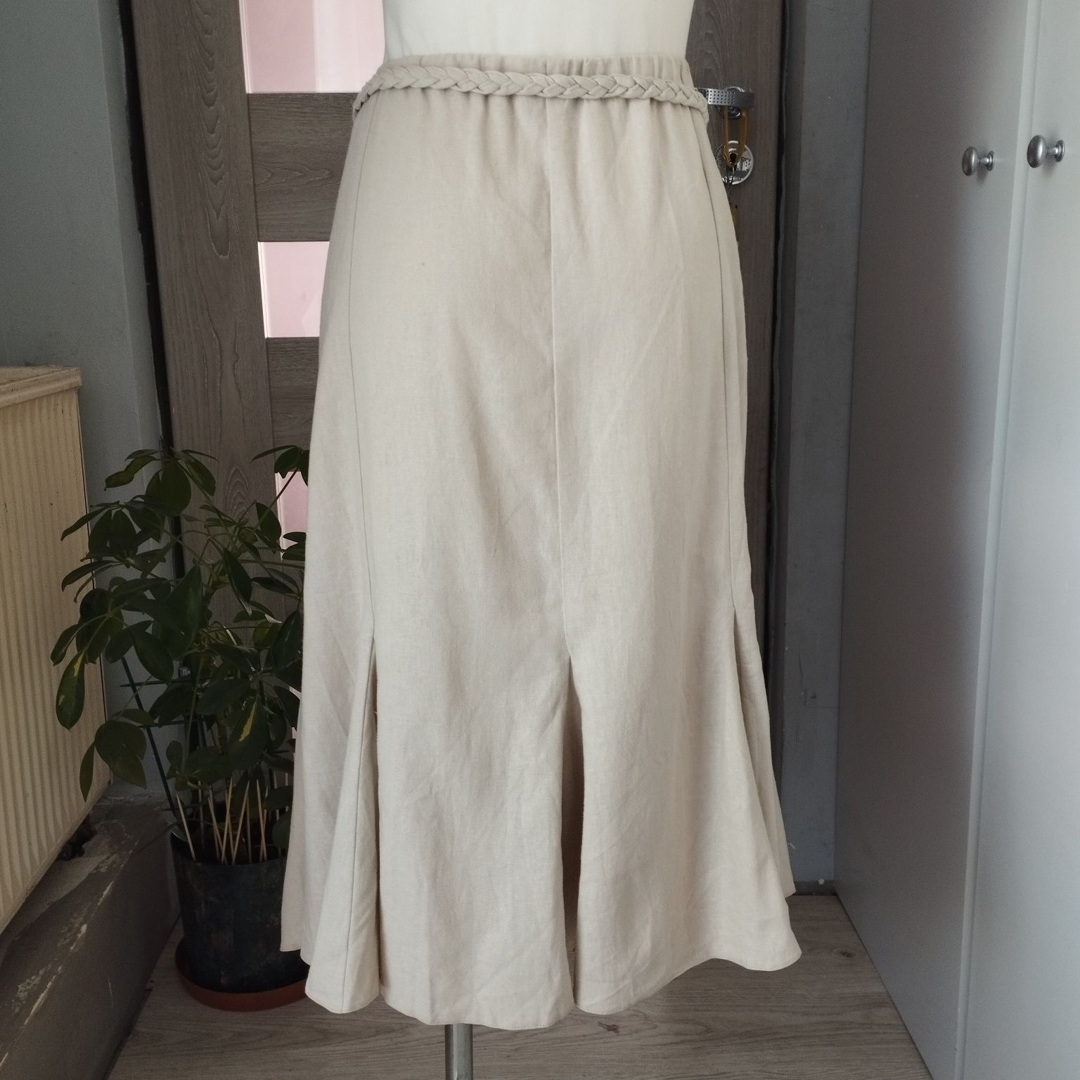 Spódnica lniana BHS, r. 48, beżowa, len + wiskoza, z paskiem