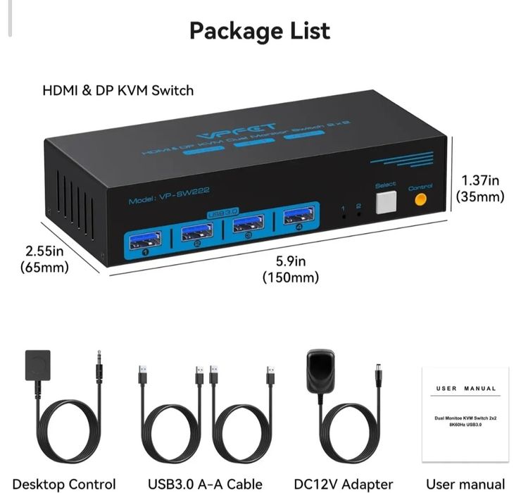 2компа-2манітор ст 4портамиKVM-переключатель VPFET HDMI & DP Видеокомм