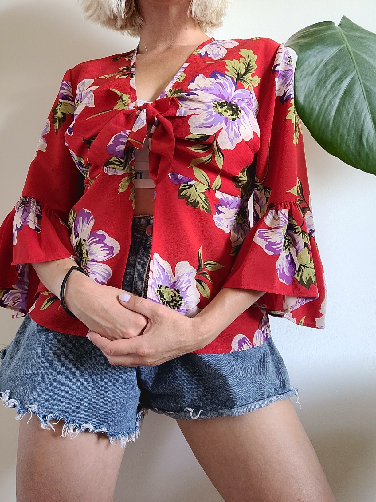 Czerwona koszula w kwiaty oversize kimono Topshop