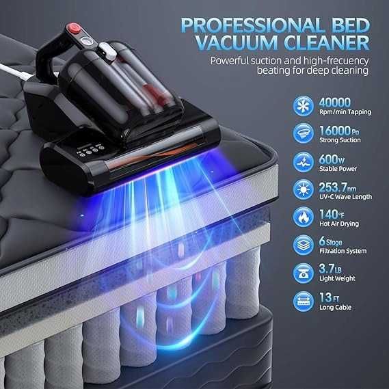 Odkurzacz do Roztoczy do Materacy Sof UV Filtr HEPA 600W Ssanie 16kPa