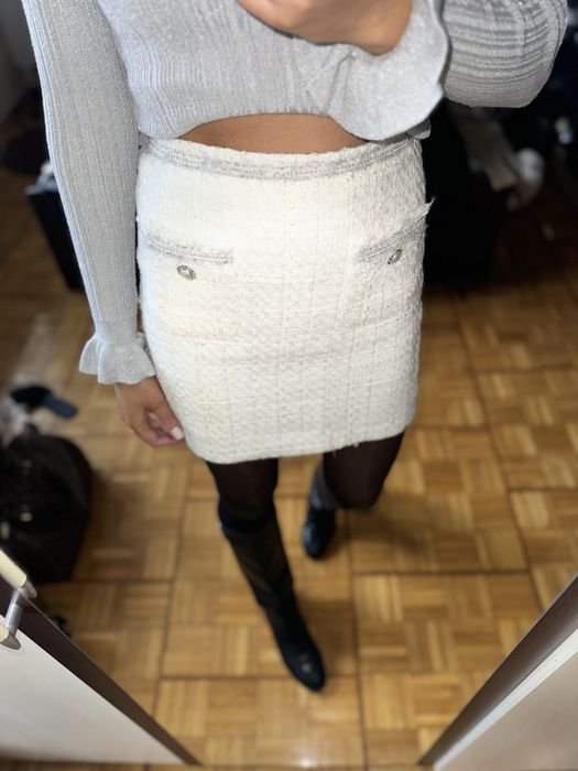 Zara tweedowa mini spódnica grubsza perły ozdobne wysoki stan