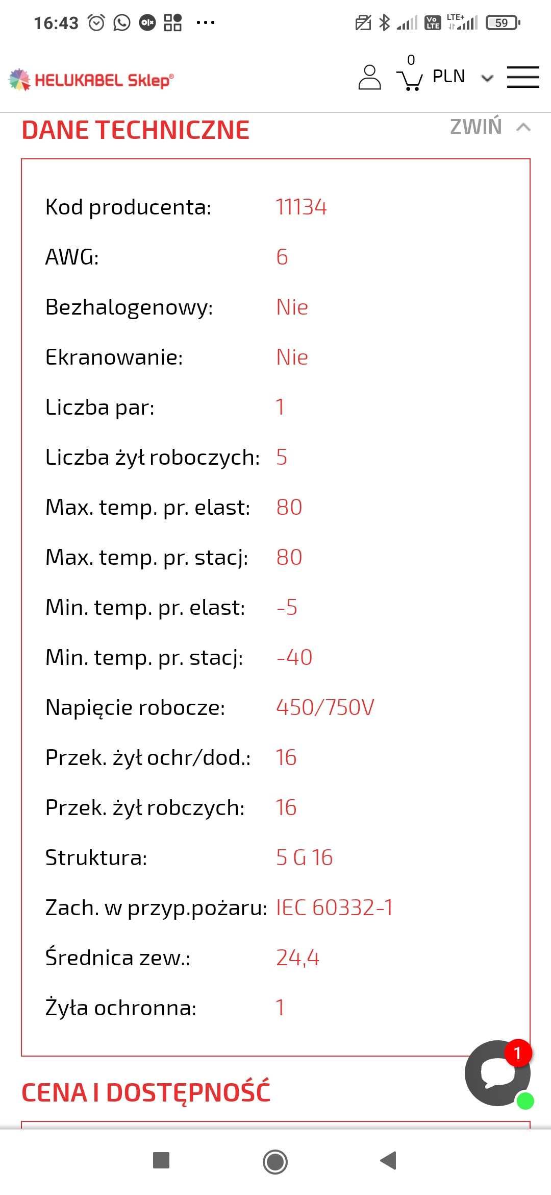 Kabel , przewód elastyczny (LNKA)  5 X 16