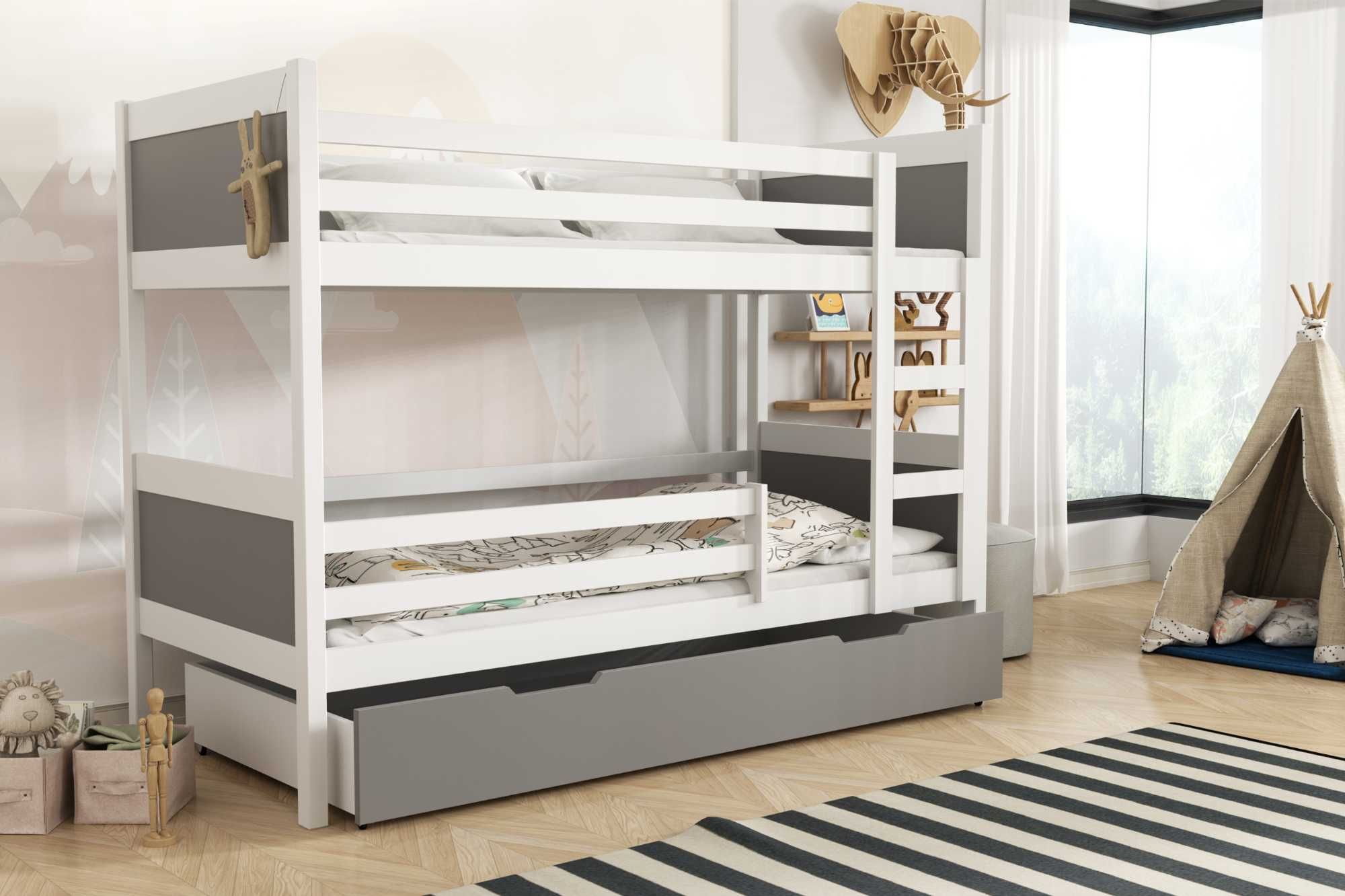Sosnowe łóżko piętrowe dla dzieci LEON + pojemna szuflada