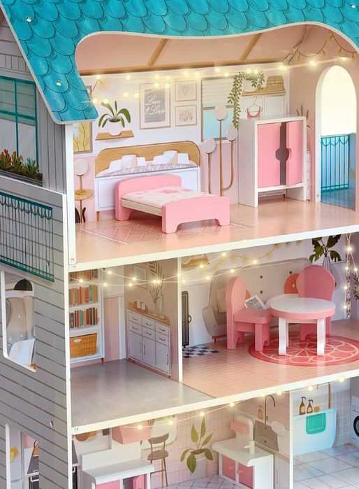 Duży Domek Dla Lalek Drewniany Piętra Led Oświetlenie Meble Akcesoria