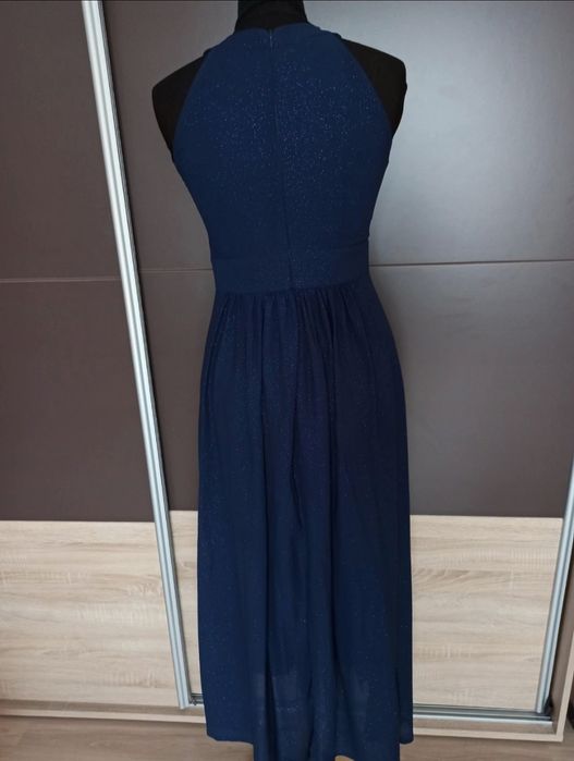 Sukienka długa na studniówkę wesele granatowa błyszcząca z brokatem