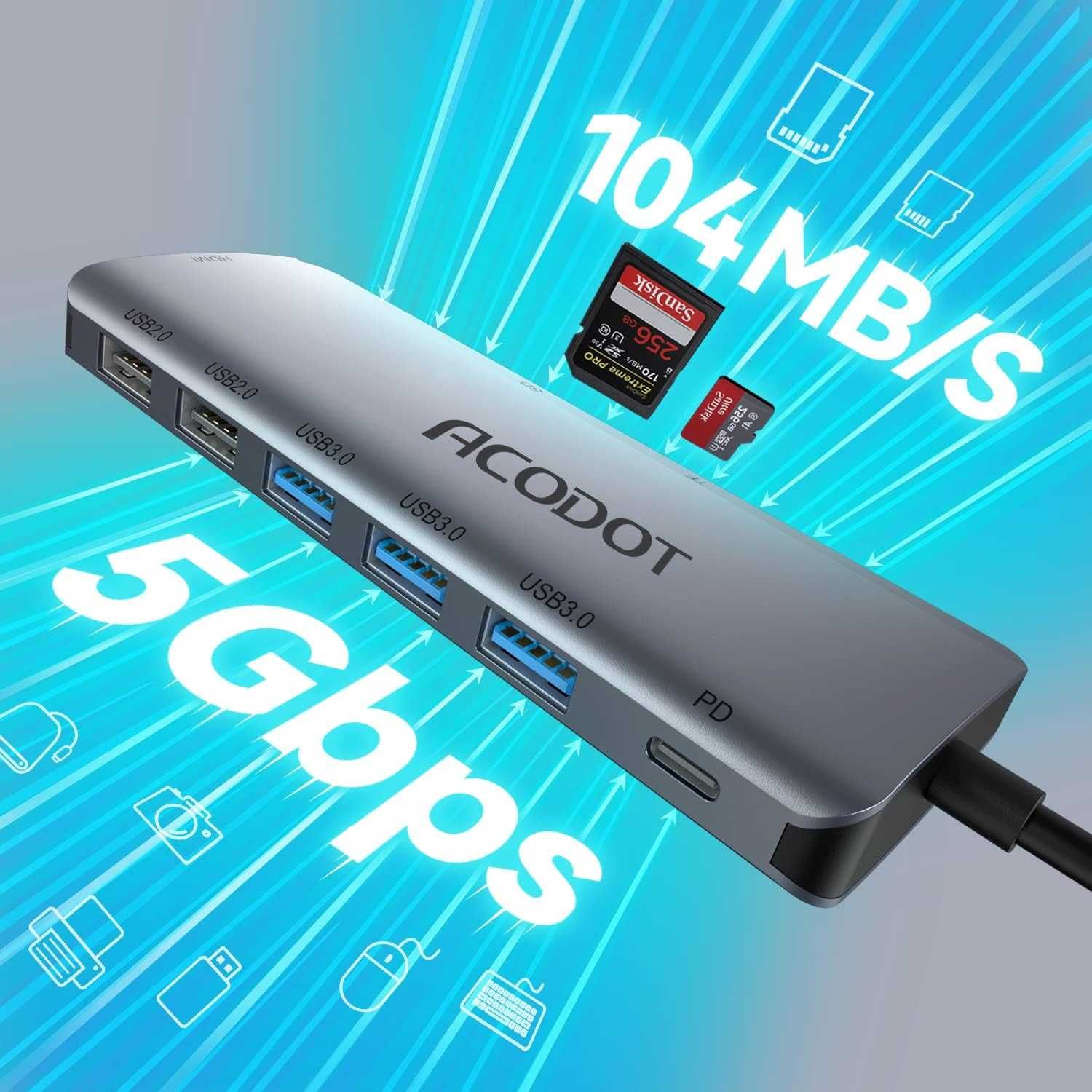 Hub USB Acodot 9in1 USB C Hub Laptop Adapter Rozdzielacz aluminiowy
