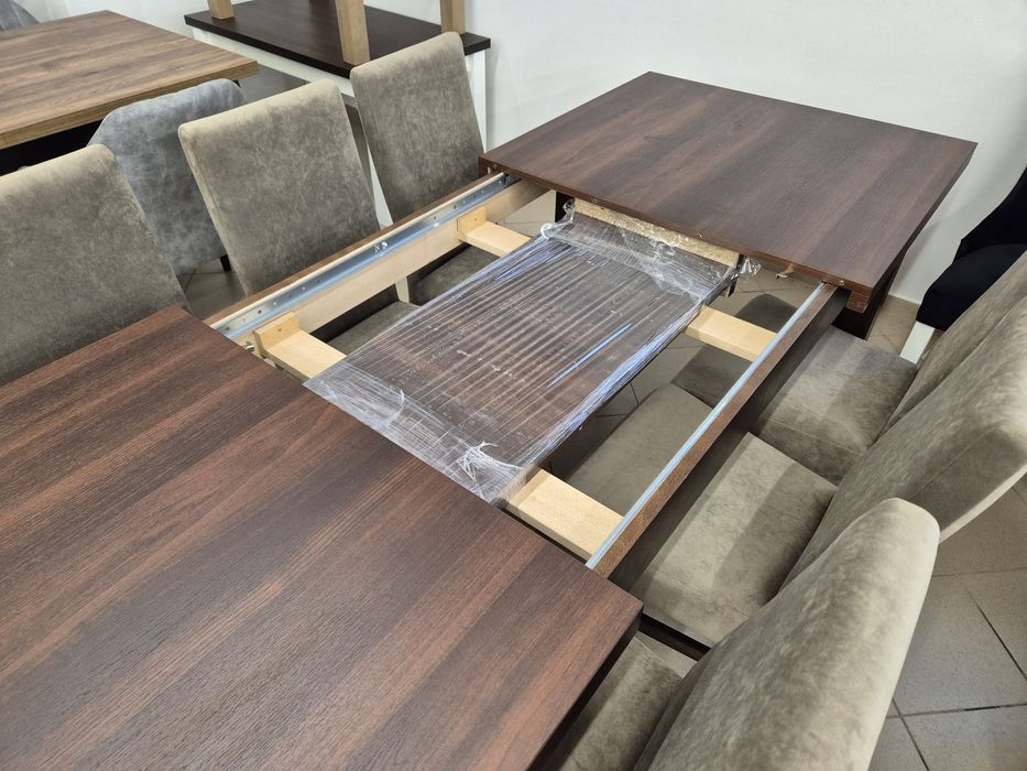 Nowy zestaw, stół 160/240/90 + 6 krzeseł, ciemny orzech