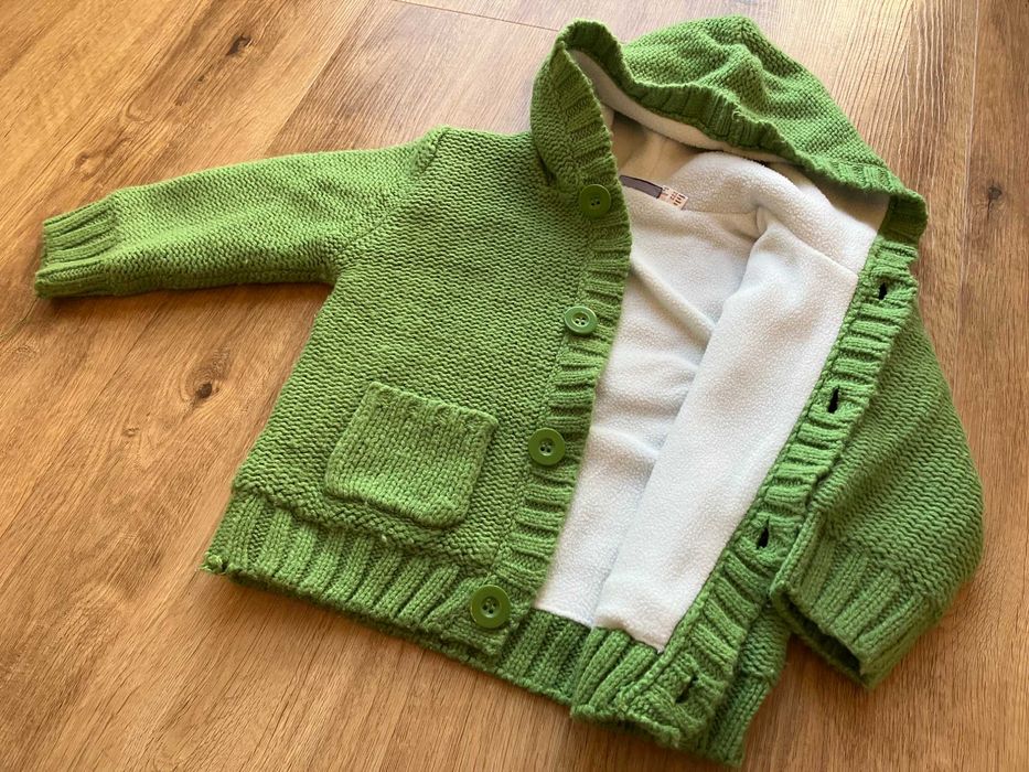 LUPILU ocieplany polarem zielony kardigan z kapturem 74/80 cm kurtka