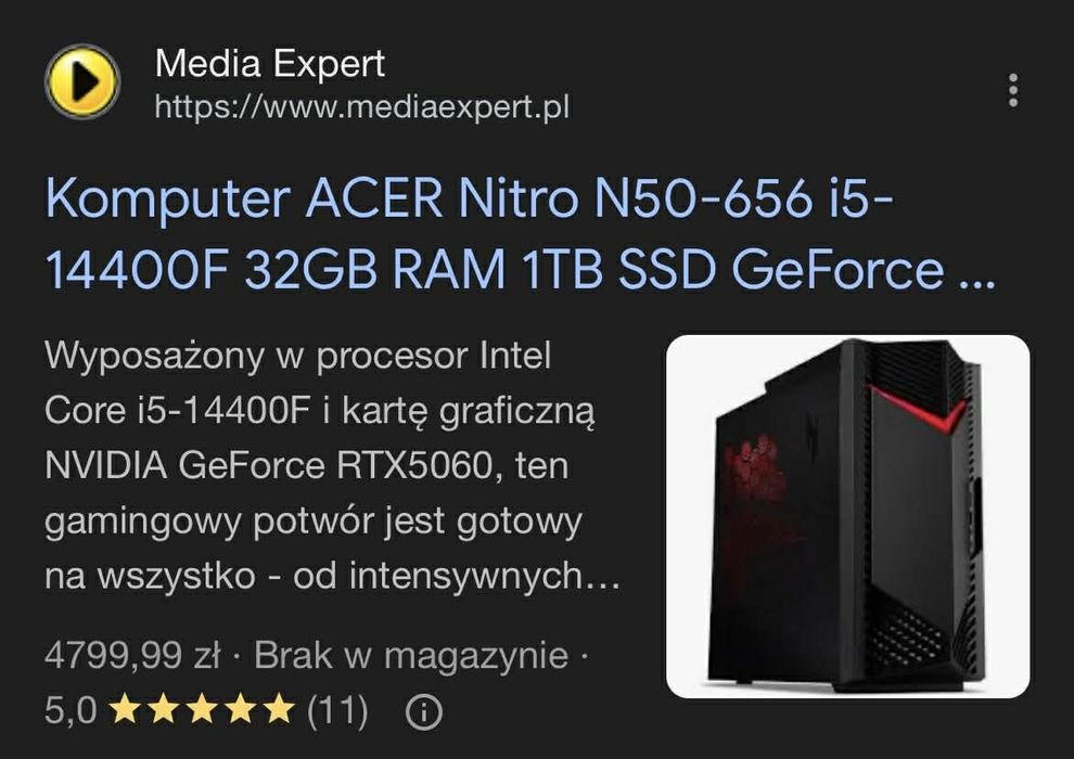 Nowy komputer acer nitro 50 i5 14400f rtx5060