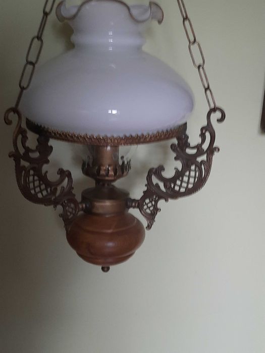 Lampa wisząca, mosiądz, szkło, drewno, antyk
