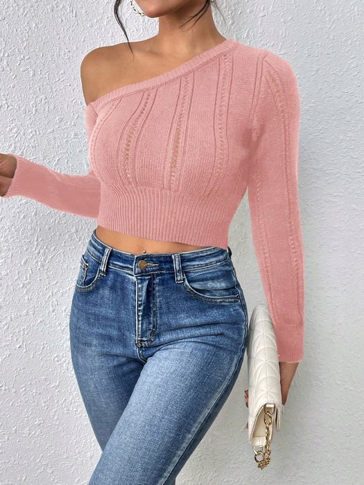 Sweterek Dzianinowy Cropped Na Jedno Ramię Różowy Casual Shein L 40