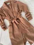 Camel brązowy viralowy płaszcz Edan długi wool złote guziki elegancki