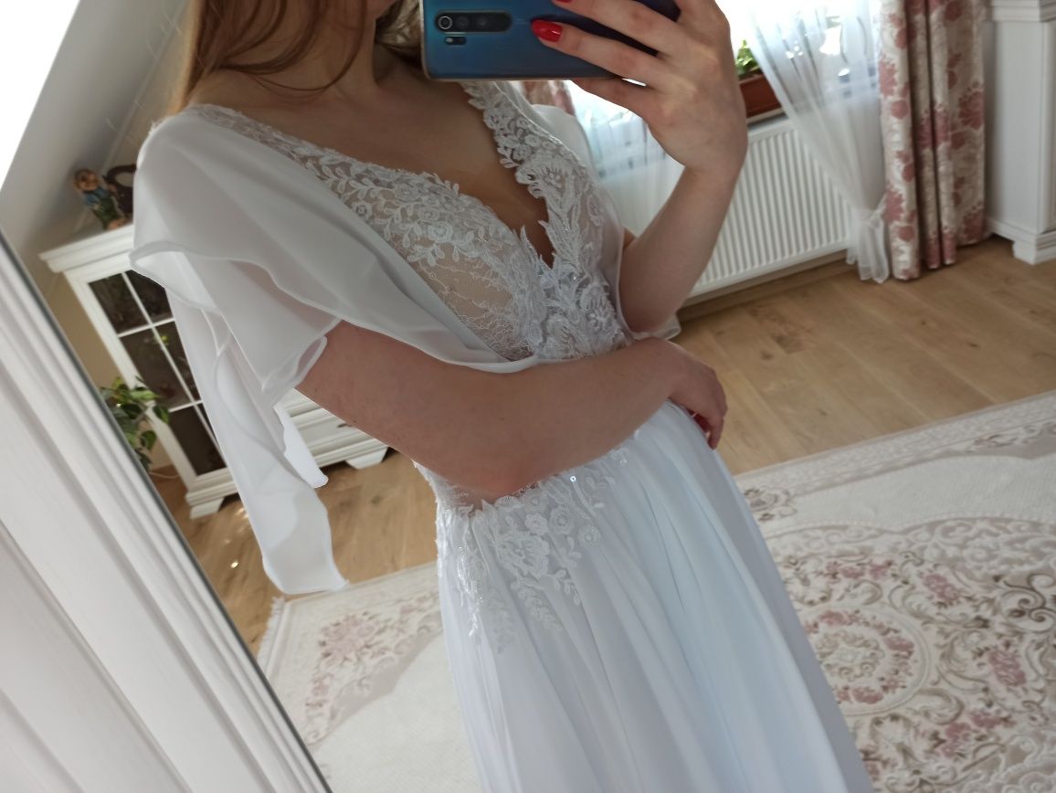 Nowa suknia ślubna SANDRA biała muślinowa prosta lejąca 38 40