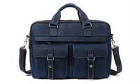 Мужская кожаная сумка-портфель на 2 отделения. Синяя, черная