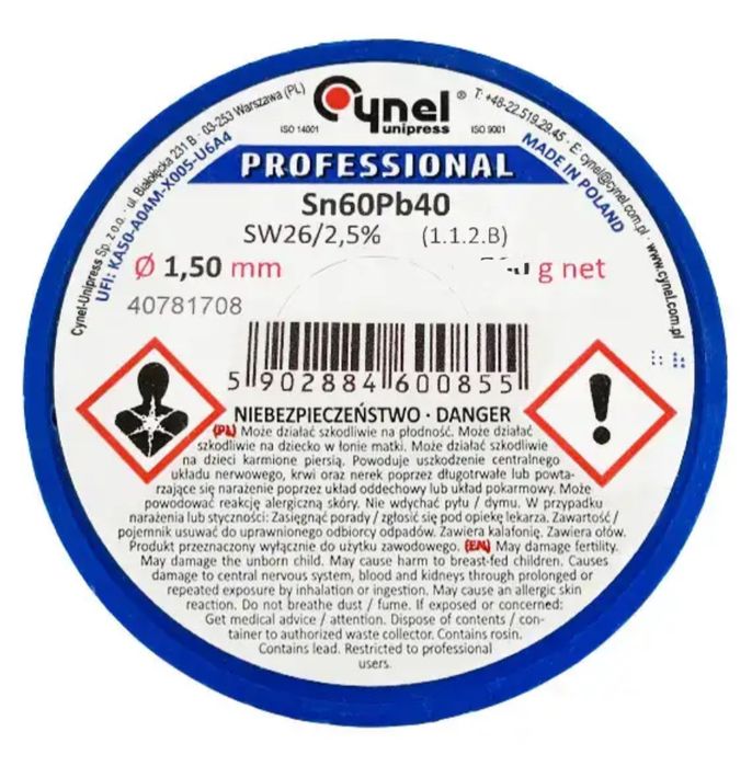 Припой cynel sn60pb40 з флюсом 1.5 мм, 250 грам