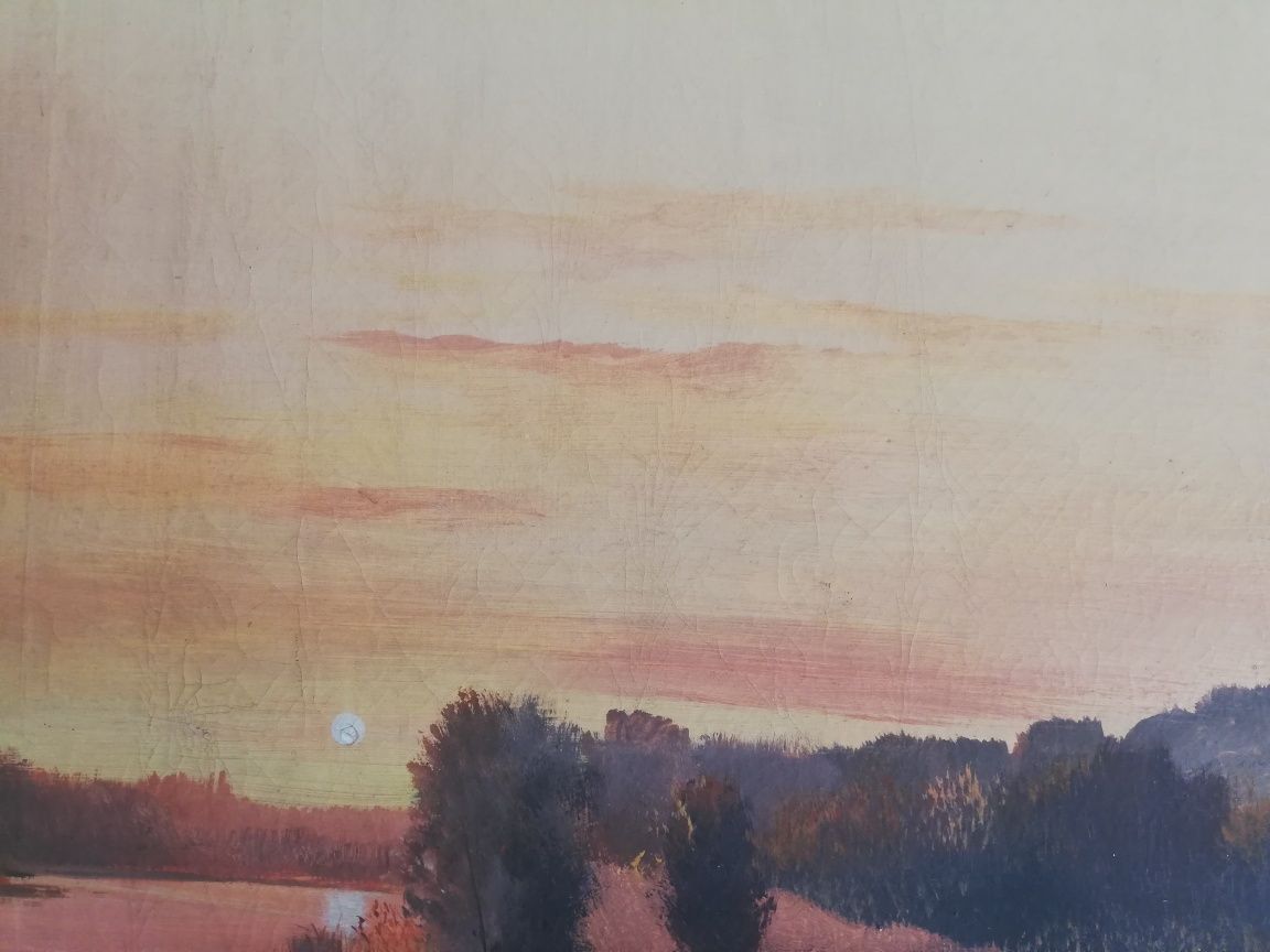 Obraz olej na płótnie zachód słońca, drewniana rama 64x64 cm