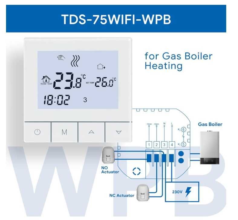 Inteligentny termostat Beok TDS75-WIFI-WPB, sterowanie kotłem gazowym
