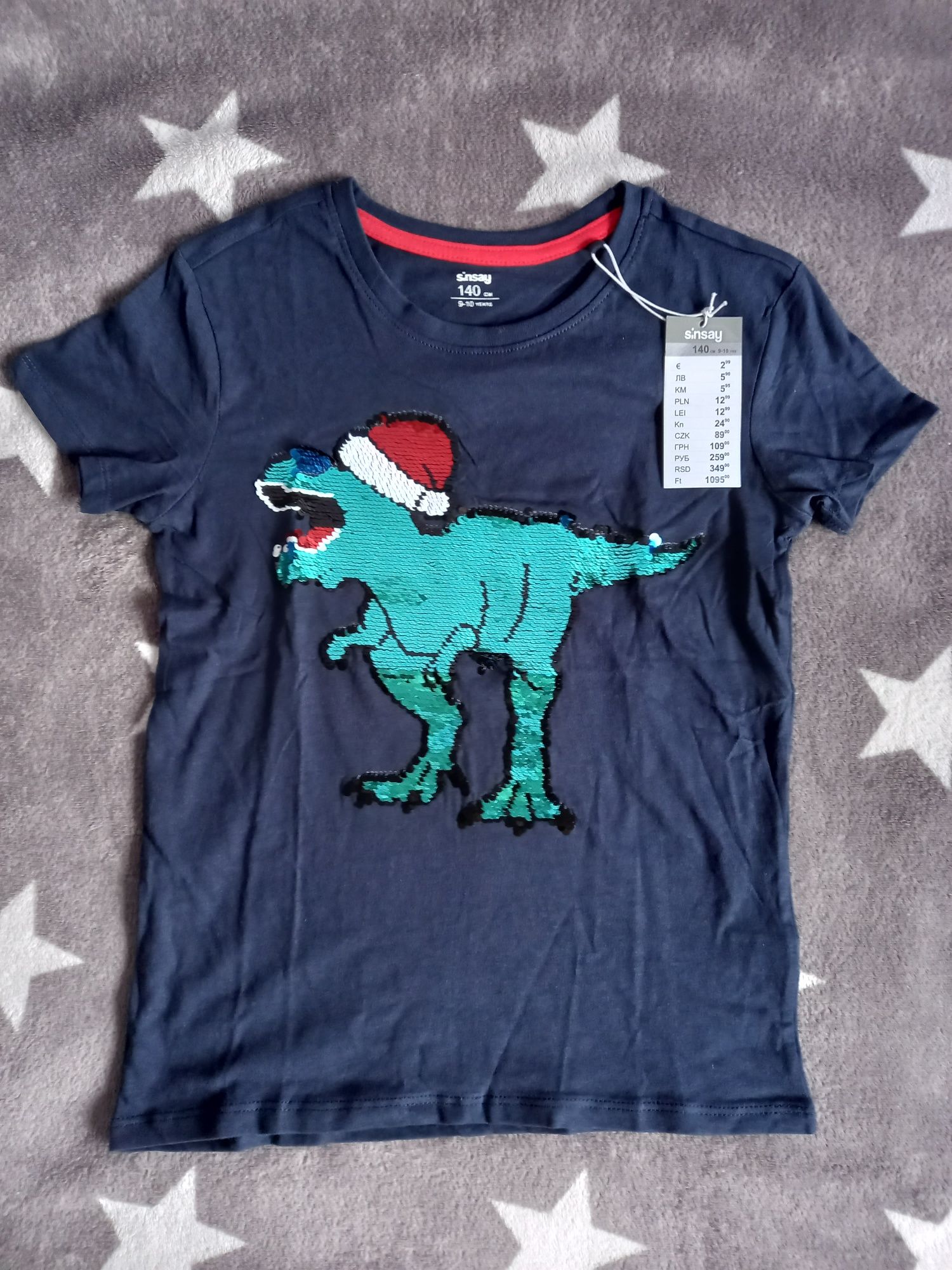 NOWA koszulka tshirt bluzka sinsay 140 dinozaur dinozaury cekiny