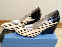 Чорно-білі туфлі жіночі лакові, оригінальный каблук, р. 38