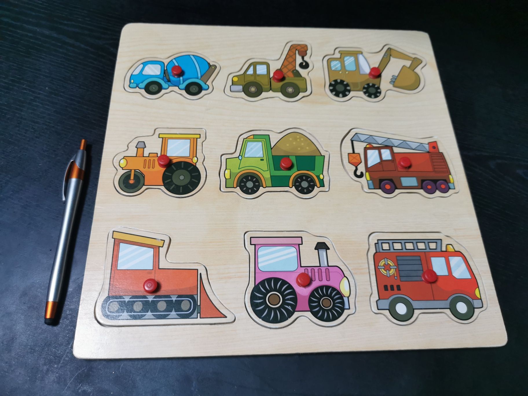 Puzzle dla dzieci duże drewniane różne pojazdy stan bd