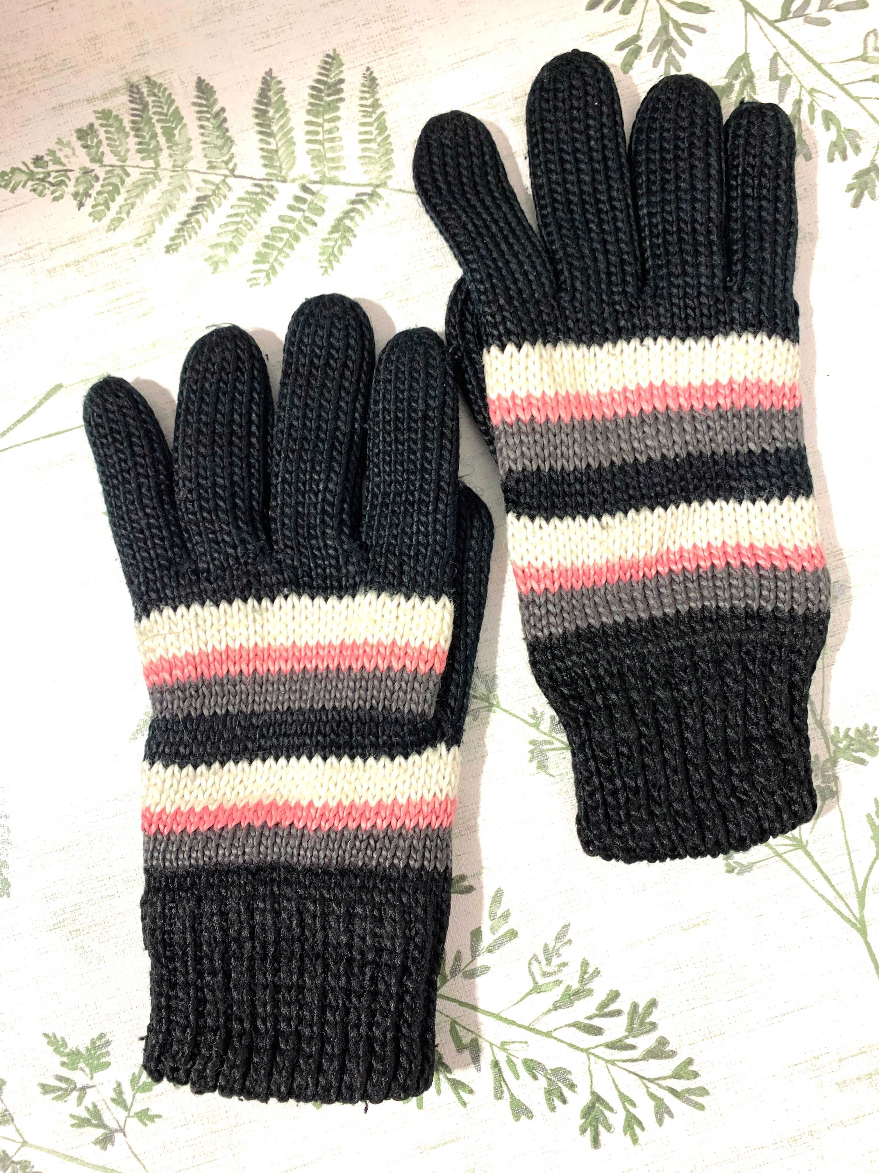 rękawiczki damskie ocieplane w paski czarne dzianinowe M /L