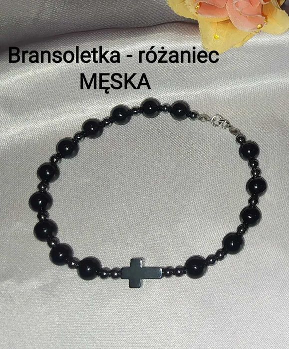 Bransoletka różaniec męska z kamieni naturalnych jadeit 8mm imienny