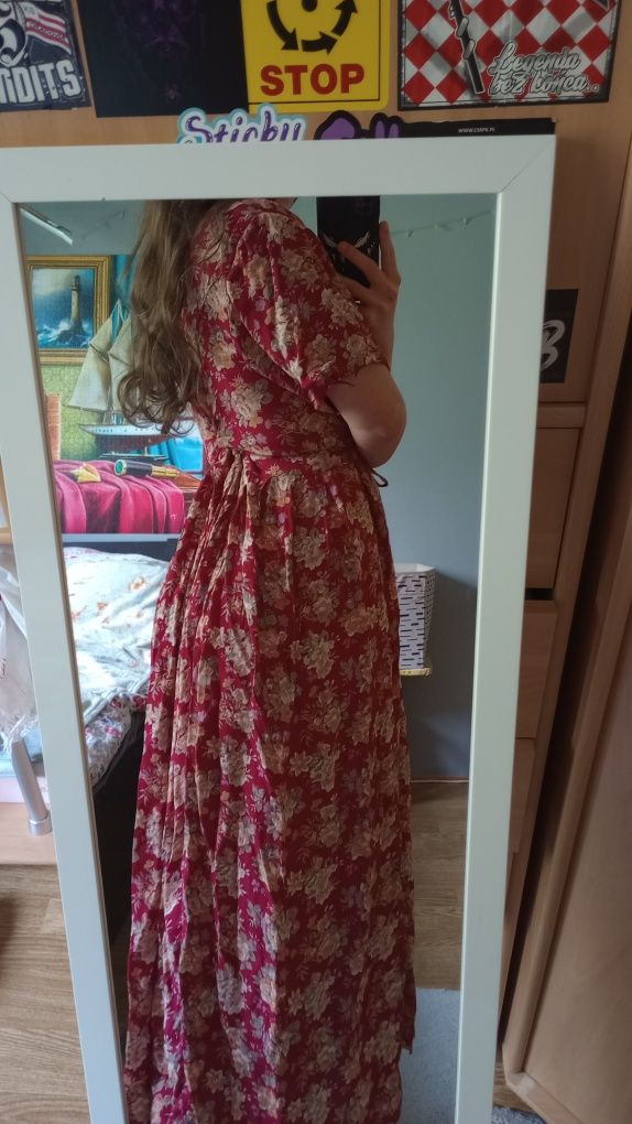 Sukienka długa maxi luźna rękawem plisowana kwiaty lata 90 vintage